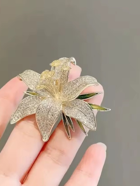 Calla Lily Brooch - Etsy Gold-tone Crystal Lily Brooch with Green Enamel Accents
